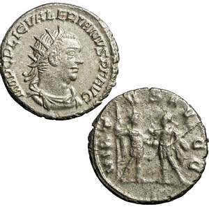 Billon antoninianus of Valerian, sole emperor of Rome 253-254 CE, joint emperor with Gallienus 254-260 CE.