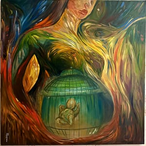 This captivating painting boldly explores the theme of bodily autonomy and reproductive rights. A pregnant woman takes center stage, her form commanding attention, yet it is the artist's striking decision to portray the fetus within what appears to be a jail-like structure that adds layers of complexity to the narrative. This deliberate choice serves as a visual manifesto, echoing the powerful message, "her body, her choice." Oil on Canvas 80 x 80 cm Artist: Ahlam Tanhaei