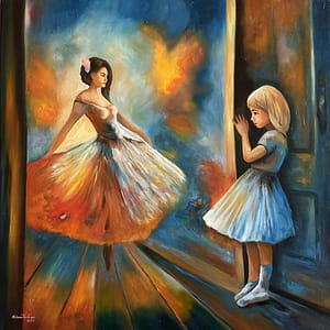In this captivating work of art, a tender scene unfolds as a little girl gazes with wide-eyed wonder at the ethereal image of her ballerina mother. The delicate interplay of light and shadow casts a mesmerizing dance on the canvas, capturing the essence of a magical moment. The mother's graceful pose, frozen in time, reflects both strength and vulnerability, while the child's innocent fascination adds a touch of poignant beauty. The artist skillfully conveys the silent communication between generations, celebrating the enduring bond between mother and daughter through the language of shadows and the artistry of movement.