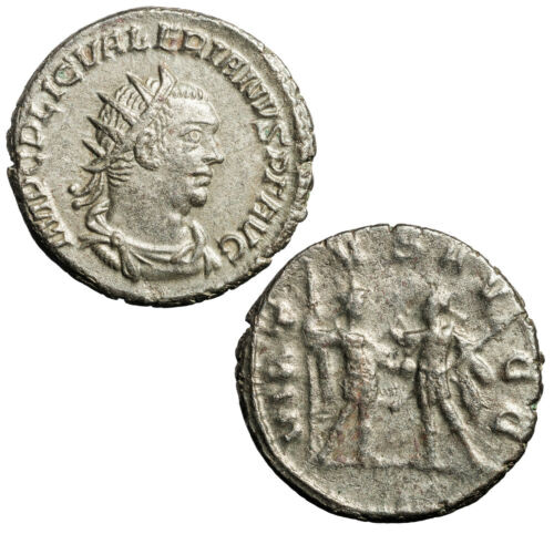 Billon antoninianus of Valerian, sole emperor of Rome 253-254 CE, joint emperor with Gallienus 254-260 CE.