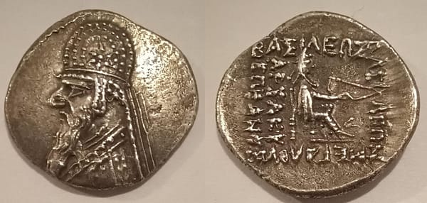 We are pleased to offer our clients this rare silver Parthian Kingdom drachm, King Mithridates II ( 121 - 91 BC )