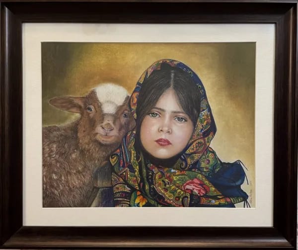 In this enchanting colour pencil artwork, a stunning girl adorned in a vibrant headscarf captivates with her serene presence. Beside her, a charming goat leans affectionately against her shoulder, forming a heartwarming bond of companionship. Meticulously rendered details bring life to their expressions, with the girl's eyes reflecting introspection and the goat's gaze exuding curiosity. Through delicate strokes and harmonious colours, the artwork invites viewers to bask in the beauty of connection and the joy found in the simplest of bonds.