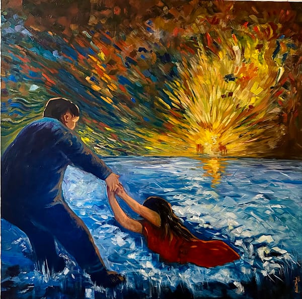 'Resurrection' In a serene ocean scene, vibrant strokes capture a heroic moment. A brave man, painted in bold hues, extends a firm assuring hand to rescue a distressed woman submerged in swirling waters. Symbolic of life's challenges, the painting evokes hope, resilience, and the profound act of saving someone from the depths of adversity. it is Incredible impressionist work by the rising artist Ahlam Tanhaei Oil on Canvas 80 x 80 cm Price: £ 2500 Free Worldwide Shipping